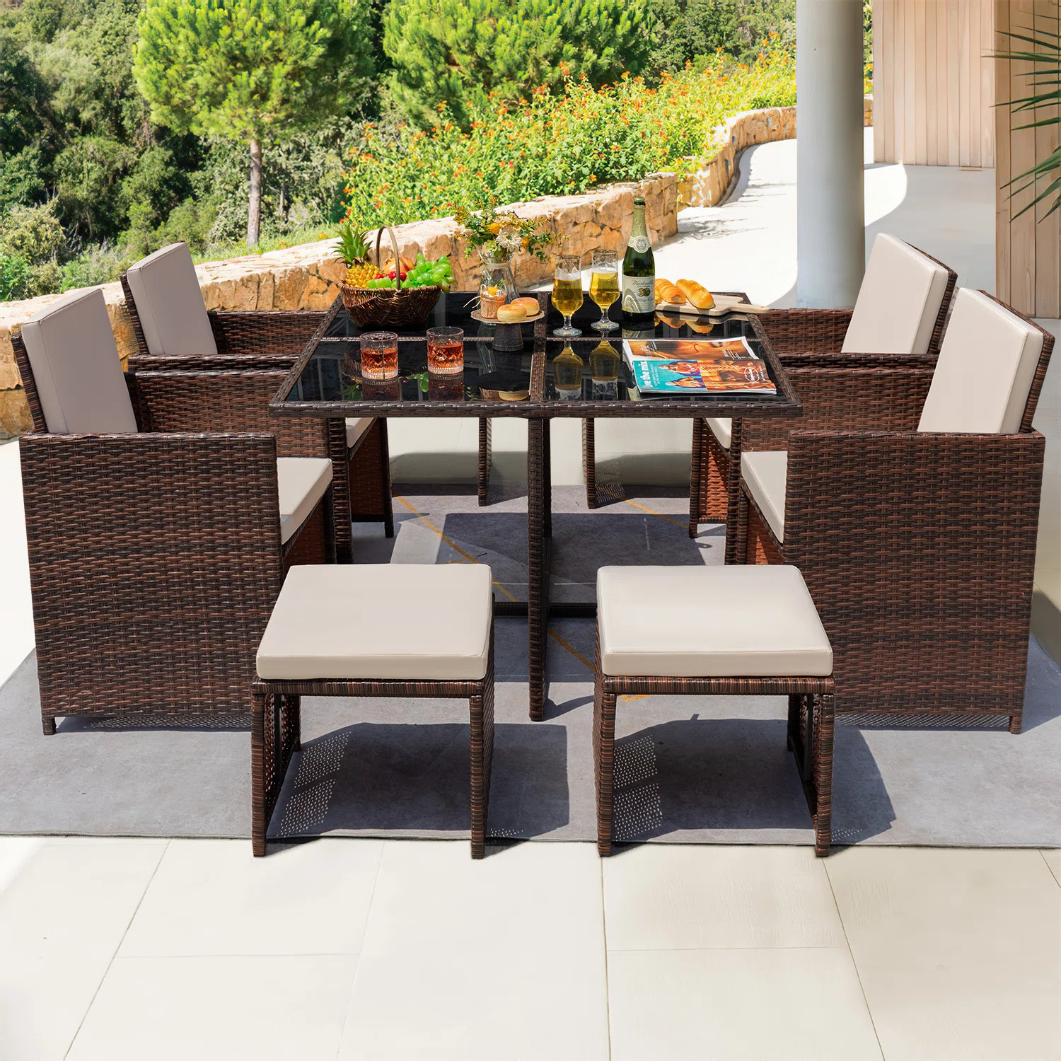 Angelos 8 - Person Wicker Patio Dining Set with Rectangular Table , Cushions Included | Wayfair North America