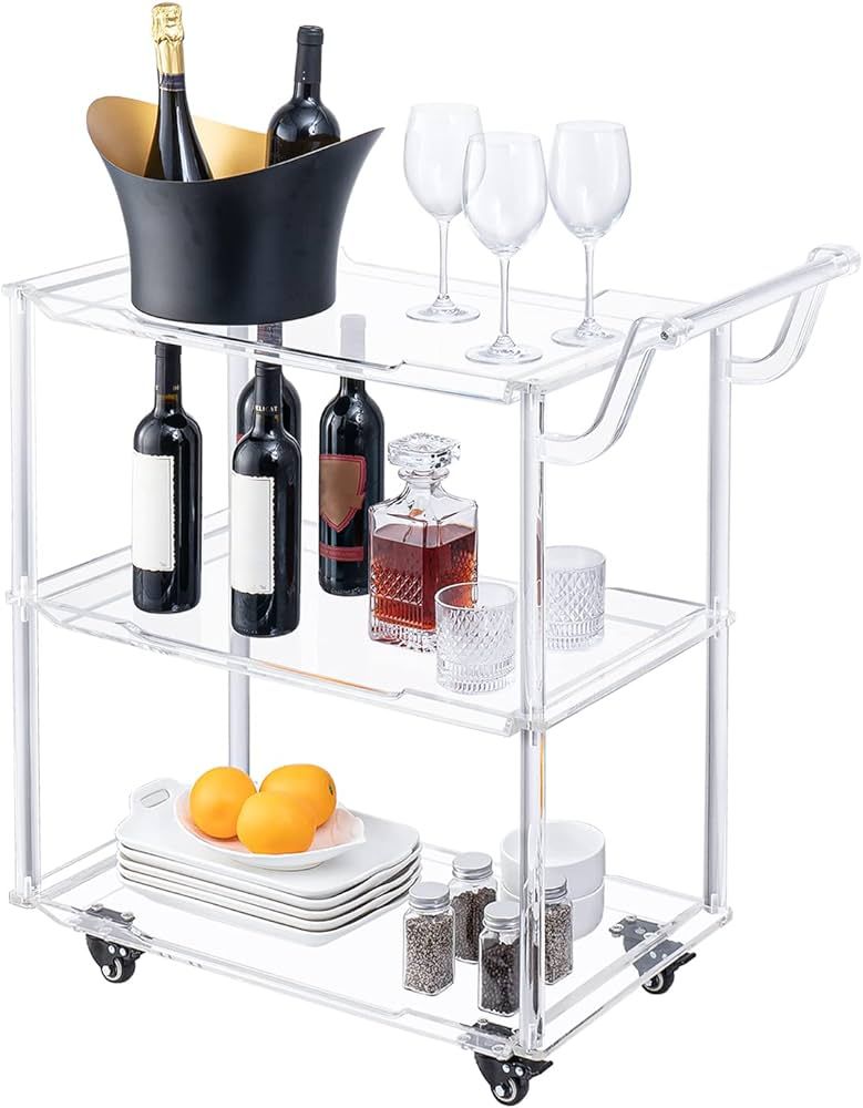 HMYHUM Acrylic Bar Cart with 4 Lockable Wheels, Pulling Handle, Rolling Serving Cart for The Home... | Amazon (US)
