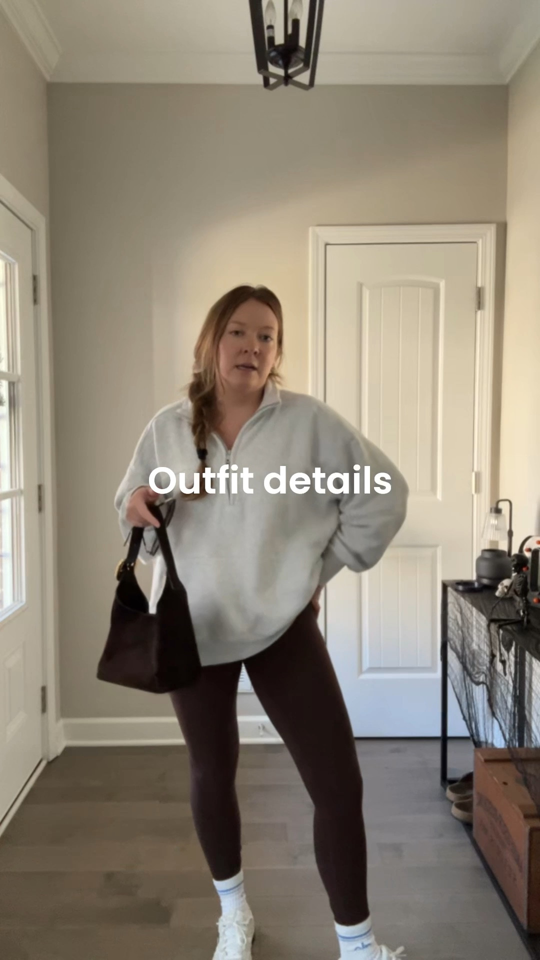 Grey half zip sweatshirt / oversized tts / wearing a medium 
Brown butter soft leggings / tts wearing a medium 
Crew sock 
Sneakers 
Brown suede bag 
Sunglasses 

#LTKActive #LTKFindsUnder50 #LTKSaleAlert