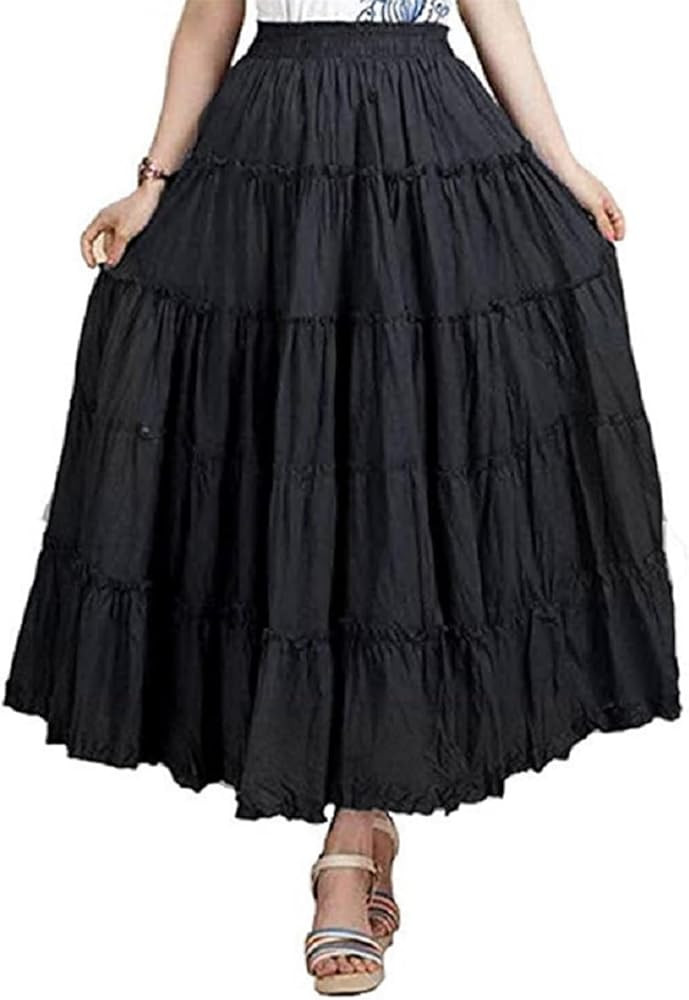 Saukiee Women's Bohemian Elastic Waist Long Skirt Cotton Circle Ruffle Broomstick Peasant Maxi Ti... | Amazon (US)