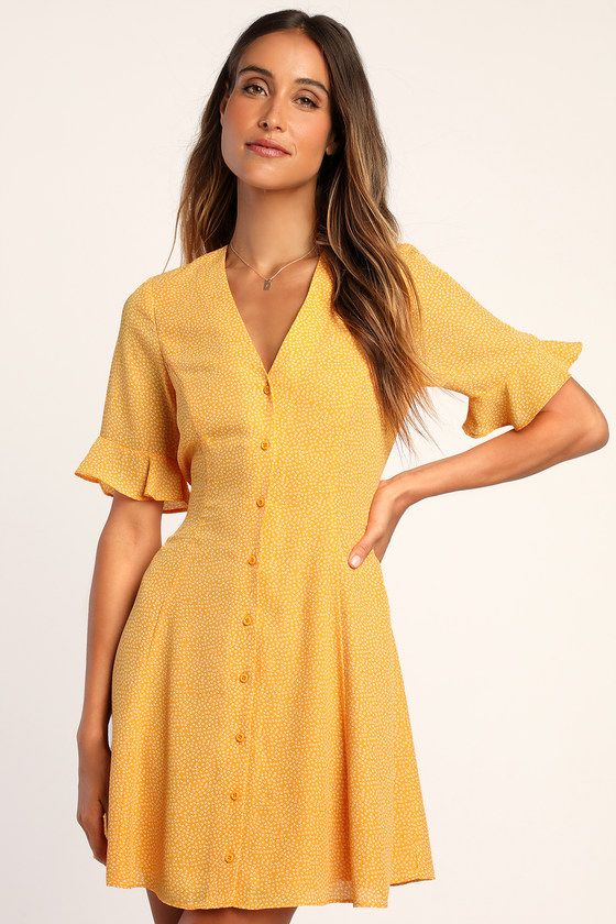 Castana Mustard Yellow Print Button-Up Dress | Lulus (US)