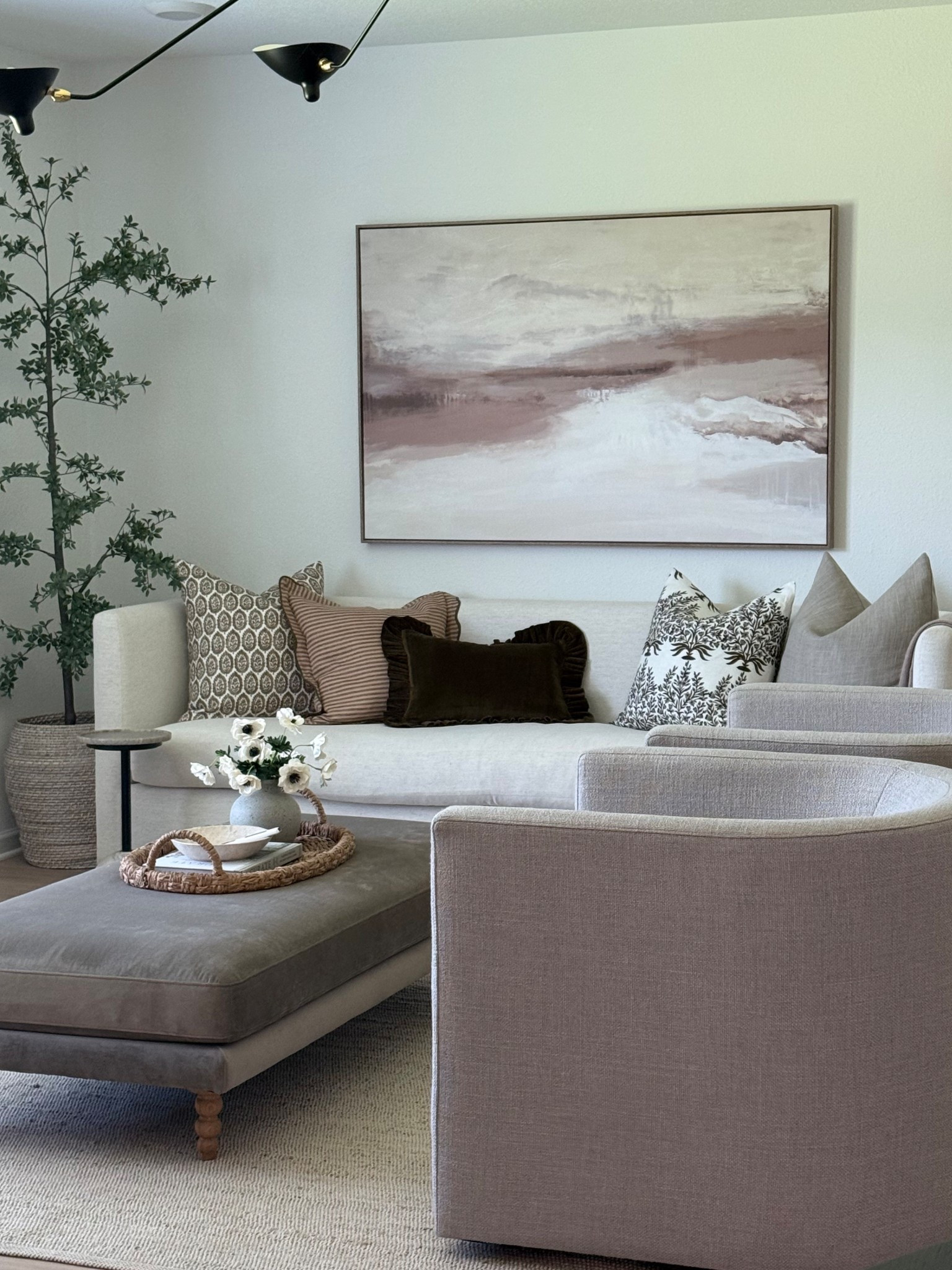 Pillows, pillow covers, sofa pillows, living room pillows, living room decor, gray swivel chairs, McGee and co sofa, couch, black olive tree, oversized abstract canvas art, studio mcgee for Target, Lulu and Georgia, velvet ottoman, coffee table decor, home decor 

#LTKHome #LTKSaleAlert #LTKSeasonal