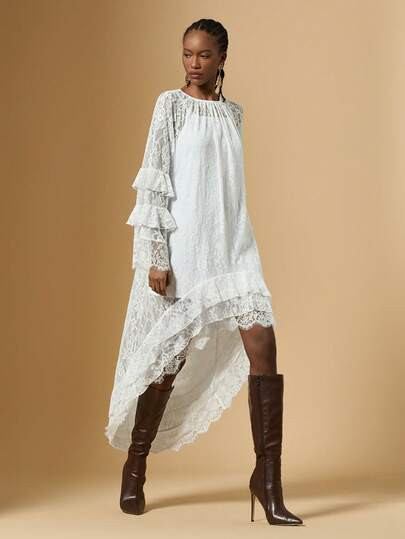 Briarwyn 2pcs/Set Women Asymmetric Lace Long Sleeve Dress And Spaghetti Strap Dress,Bohemian Styl... | SHEIN