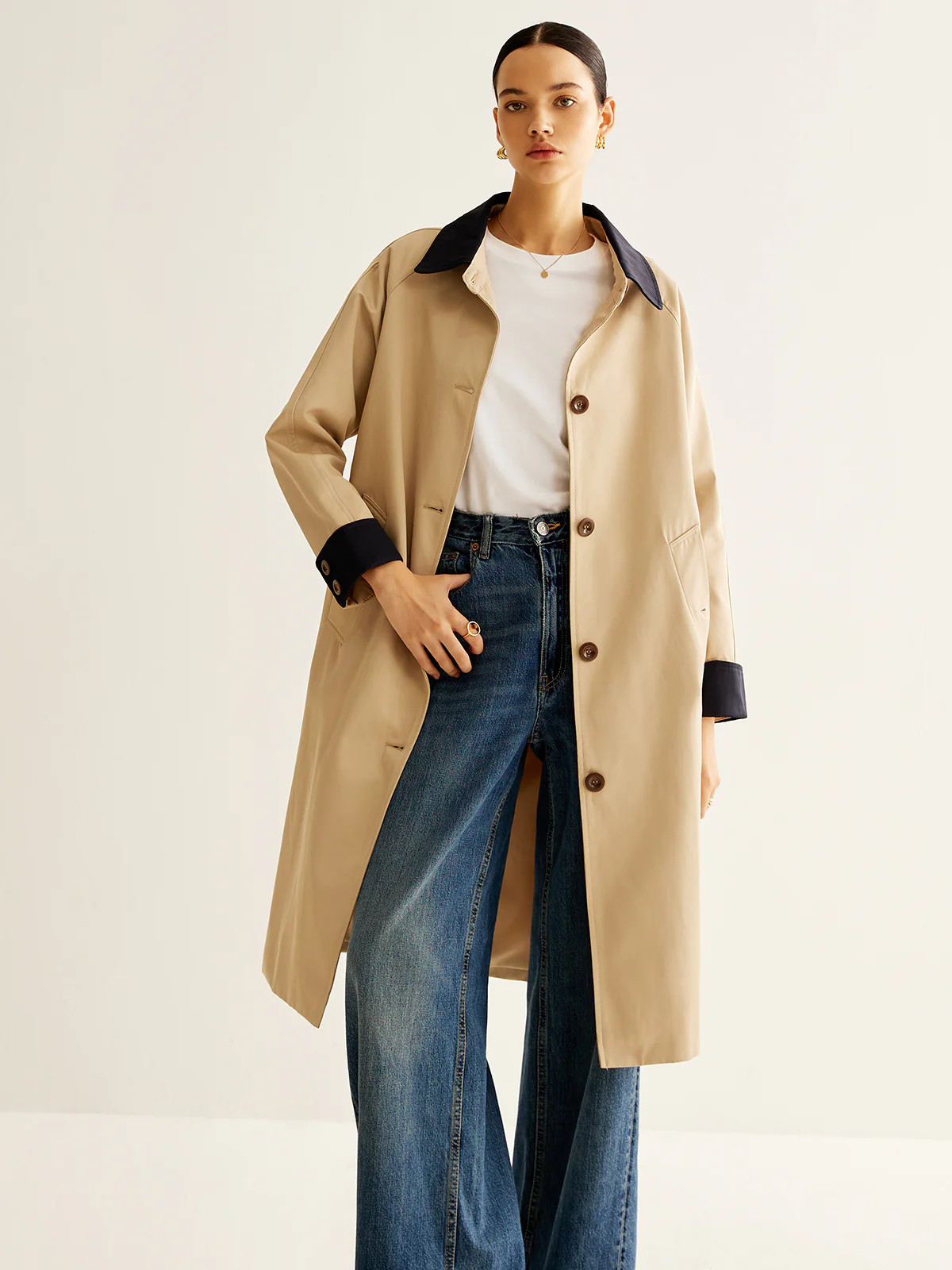 Contrast Binding Long Trench Coat | Commense