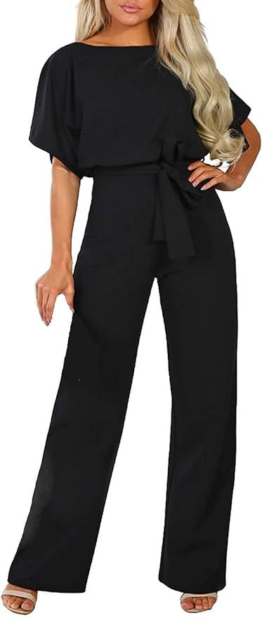 Happy Sailed Women Casual Loose Short Sleeve Belted Wide Leg Pant Romper Jumpsuits | Amazon (US)