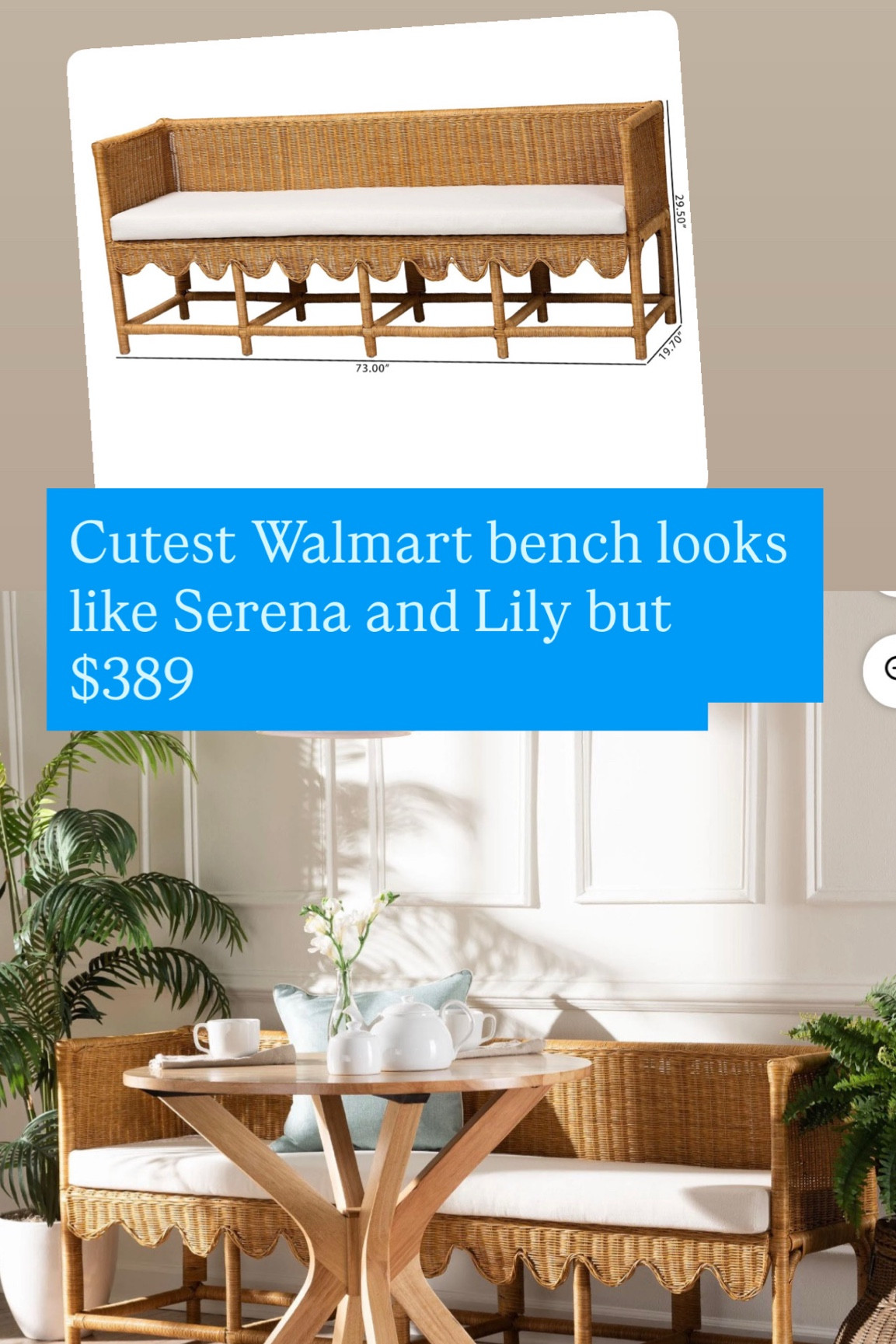 This bench looks like Serena and lily but it’s from Walmart ! It’s $389 . Add a fun new cushion and it will look like a custom piece .#walmartbargain#lookforless

#LTKHome #LTKSaleAlert