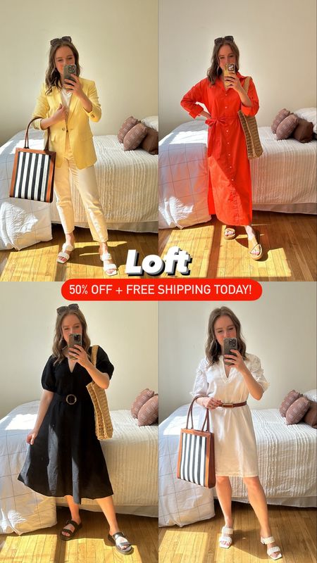 Loft 50% off + free shipping 

0 p yellow blazer
Xs p orange cotton dress
0P black belted dress
Xs white lined dress
#loft #sundress
