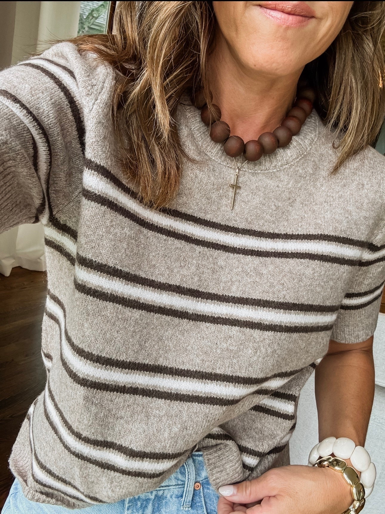 Stripe sweaters. 
Now and into Fall. 
Cross charm & chain- use code: twopeasinablog 
Small sweater

#LTKootd #LTKmomlife #LTKSeasonal
