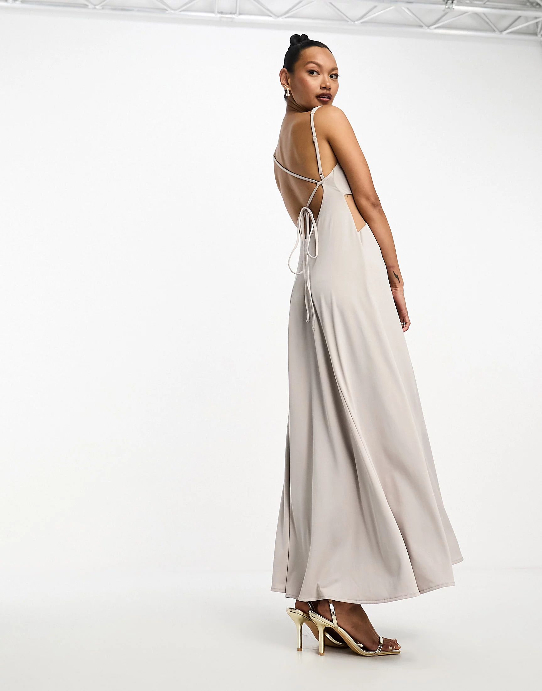 ASOS DESIGN strappy mesh insert cut out maxi dress in stone | ASOS (Global)
