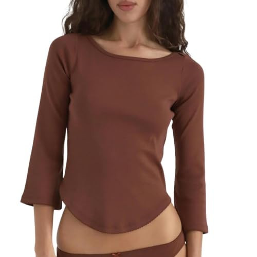 Women Y2k Boat Neck 3/4 Sleeve Top Cute Curved Hem Elbow Sleeve Crop Tee Basic Picot Trim Slim Fit Going Out Shirt (Fitted Brown, S) | Amazon (US)
