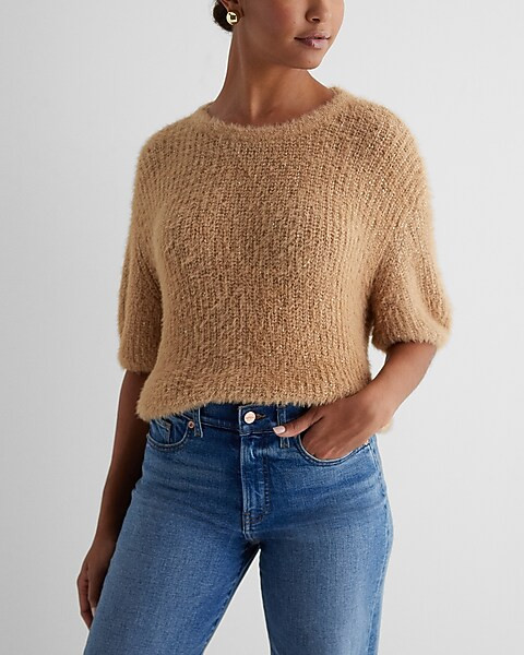 Faux Fur Sequin Crew Neck Short Puff Sleeve Sweater | Express