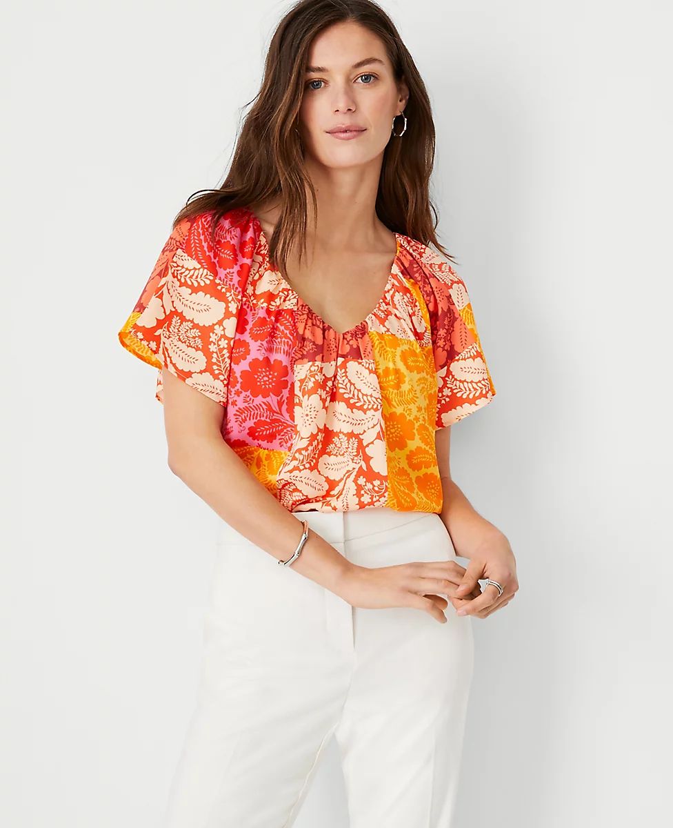 Patchwork Floral Shirred V-Neck Top | Ann Taylor (US)