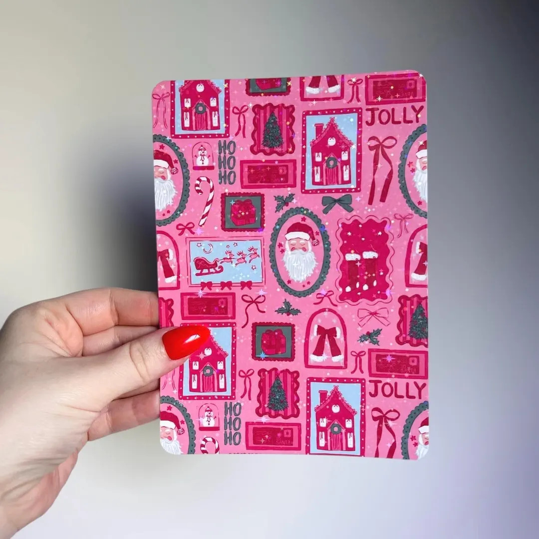 Retro Santa Frame Kindle Insert | Pink Vintage Christmas Bookish Glitter Case Insert for Ereaders | Etsy (US)