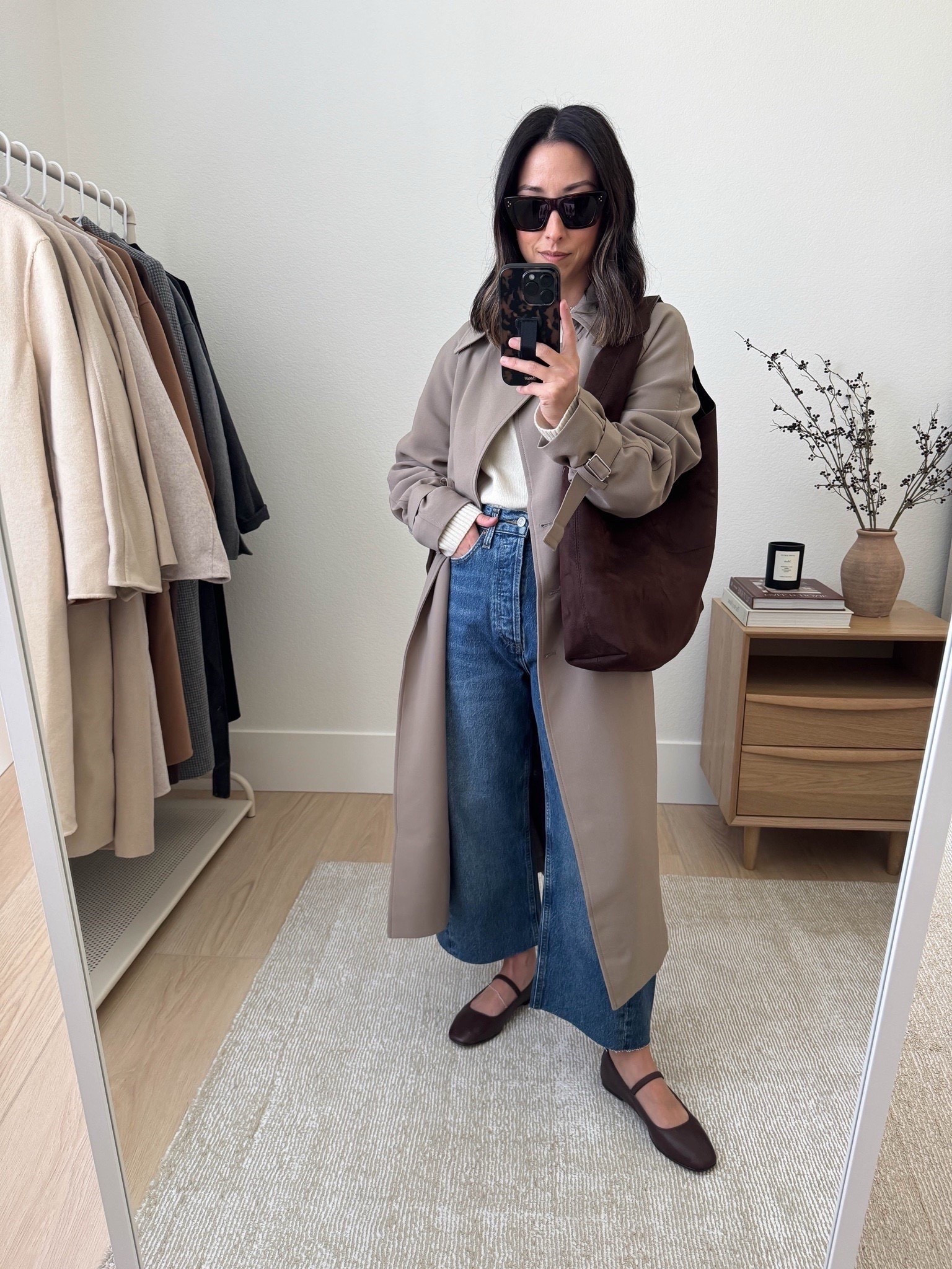 Oak + Fort trench in brindle. This trench runs oversized so size down. I’m wearing the xxs. Details aren’t as great as the beige color. I find this color not as easy to style than the beige. 

Oak + fort trench xxs
Everlane sweater xs
Agolde jeans 25. Sized up and cut hems. 
Madewell flats 5
Gap bag 
Celine sunglasses 

Fall outfits, jeans, fall fashion, petite style, purse 



#LTKShoeCrush #LTKFindsUnder100 #LTKItBag