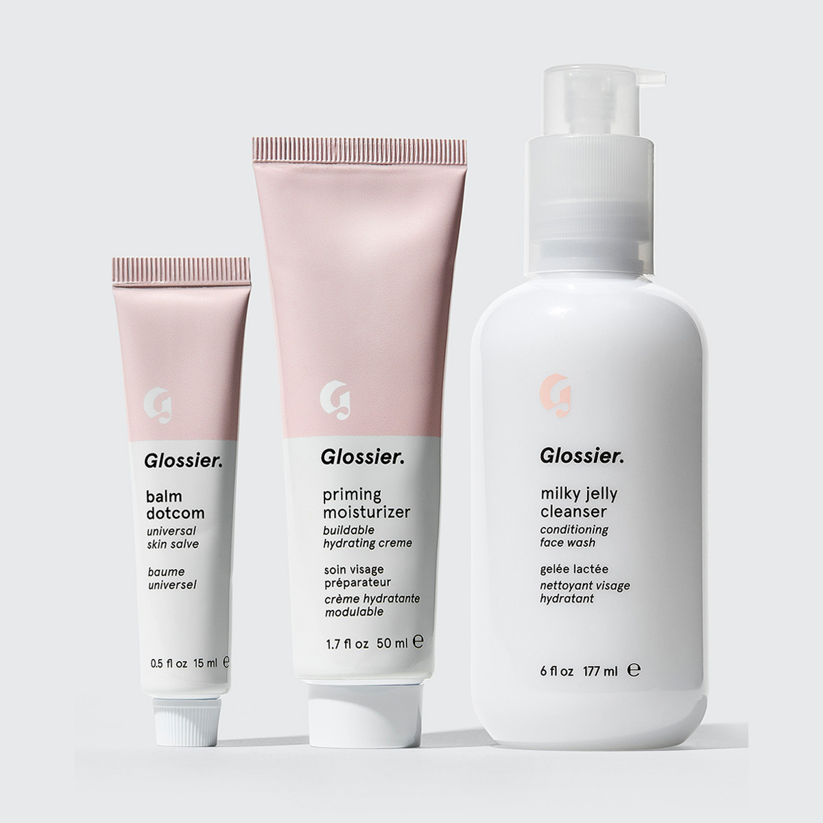 Glossier Phase 1 Set, Three everyday products that form the backbone of your skincare routine: cleanser, moisturizer and balm, for all skin types | Glossier