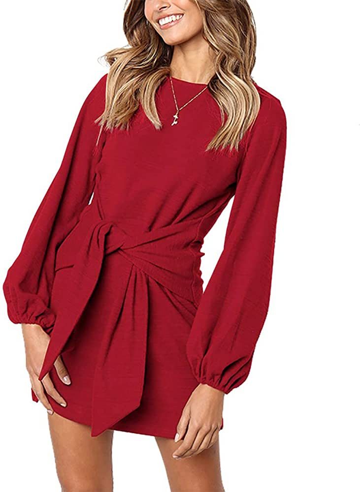 PRETTYGARDEN Women's Elegant Long Lantern Sleeve Short Dress Crewneck Tie Waist Knit Cocktail Dress | Amazon (US)
