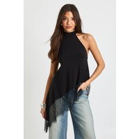 boohoo Women's Slinky High Neck Lace Asym Hem Top in Black | Size: 4 | Denim | boohoo (US & Canada)