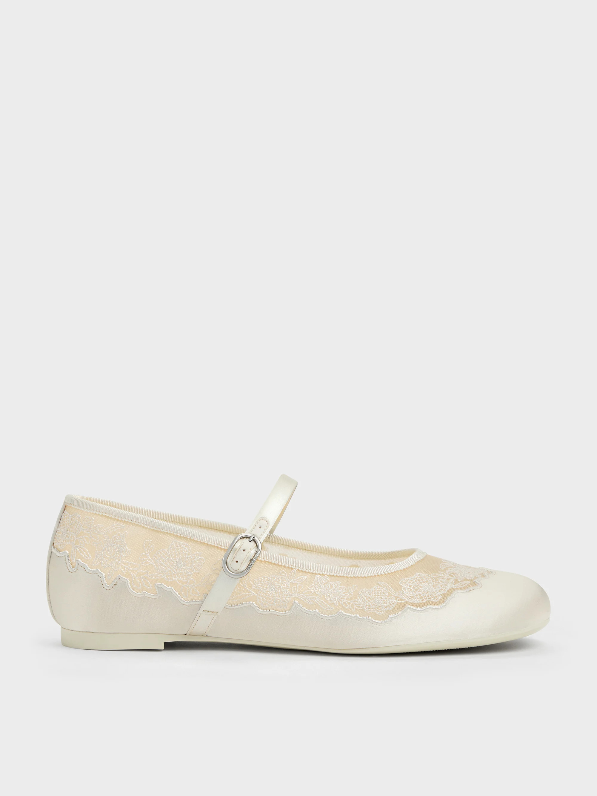 White Satin Embroidered-Mesh Mary Jane Flats | CHARLES & KEITH | Charles & Keith EU