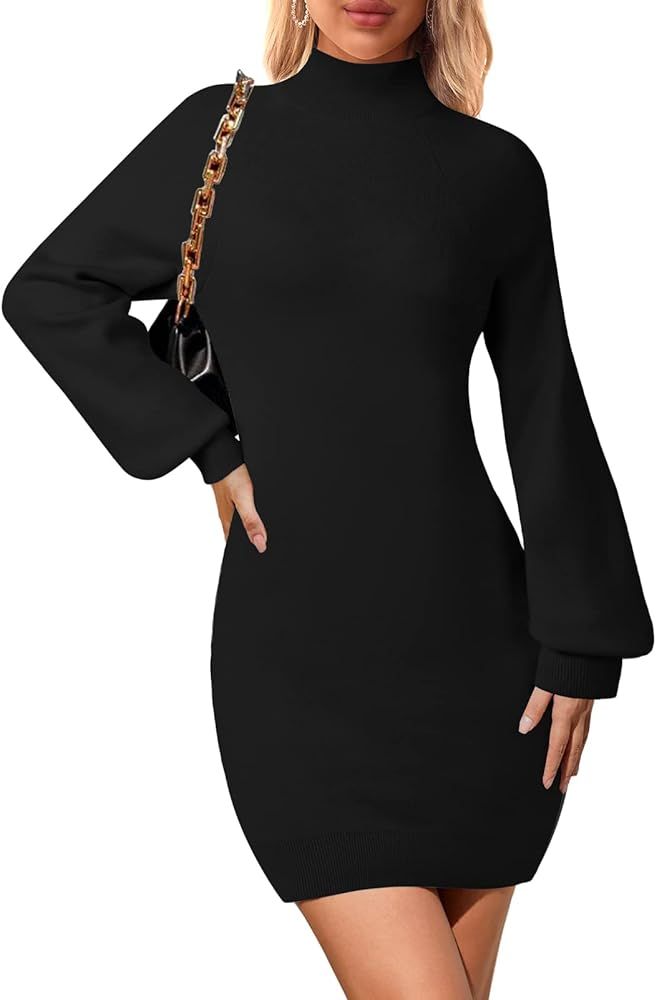 TECREW Women's Long Puff Sleeve Mock Neck Sweater Dress Knit Bodycon Pullover Mini Dress | Amazon (US)