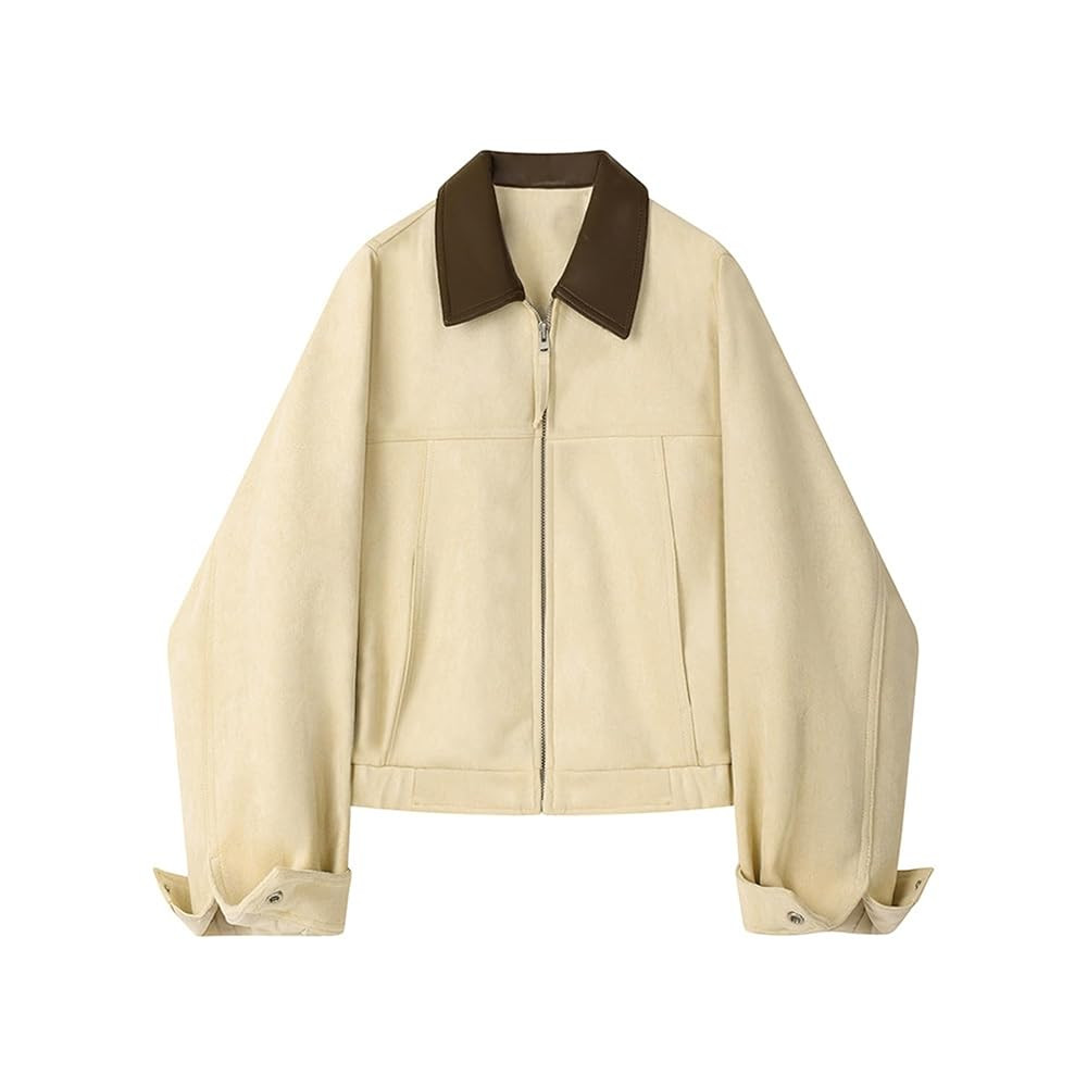 Women's Faux Suede Cropped Jacket Contrast Collar Zip Up Utility Barn Coat Trendy Fall Outwear | Amazon (US)