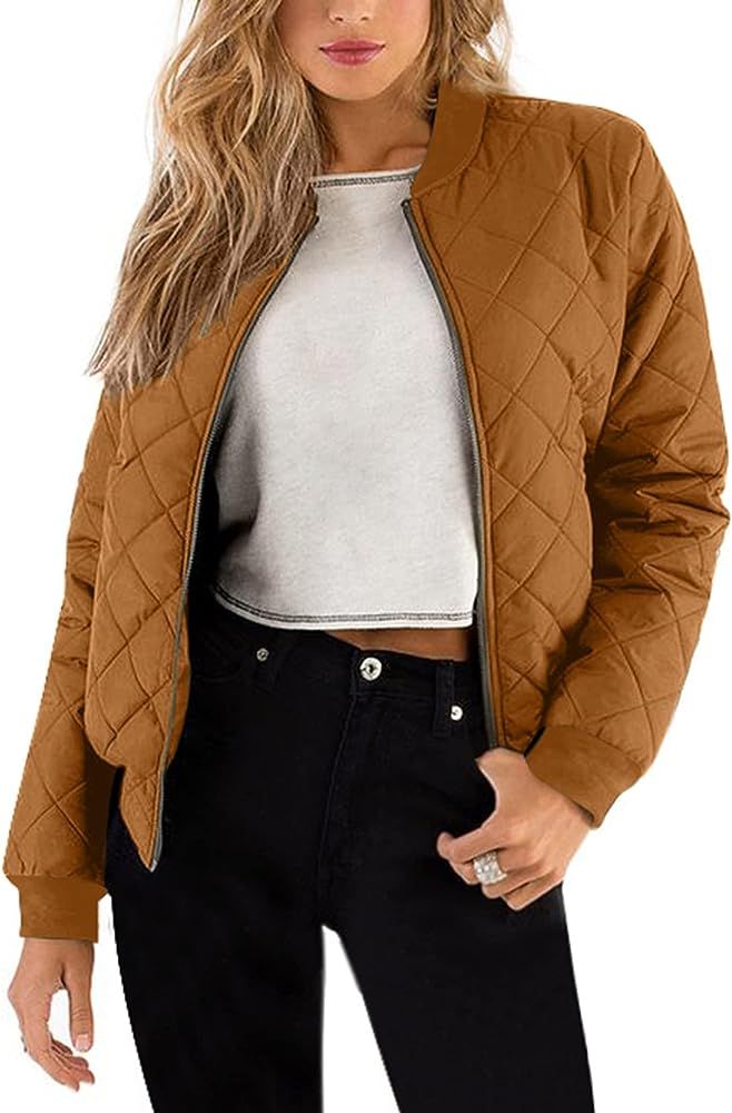 Women's Bomber Jacket Casual Coat Zip Up Outerwear Windbreaker with Pockets S-XXL | Amazon (US)