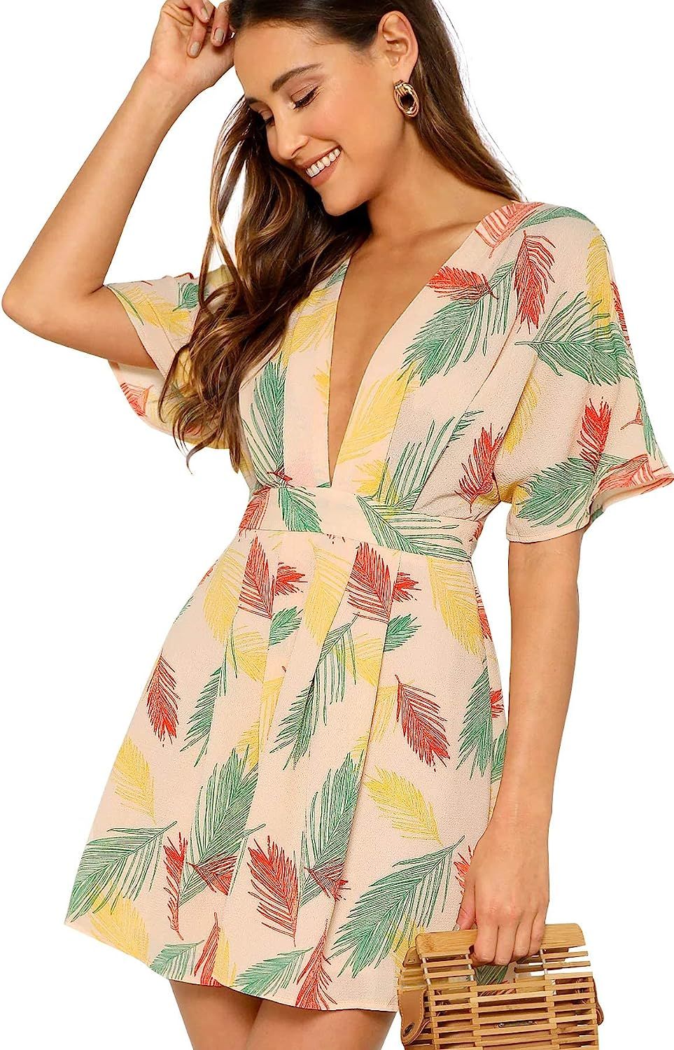 Floerns Women's Tropical Floral Plunging V Neck Tie Open Back Summer Short Dress | Amazon (US)