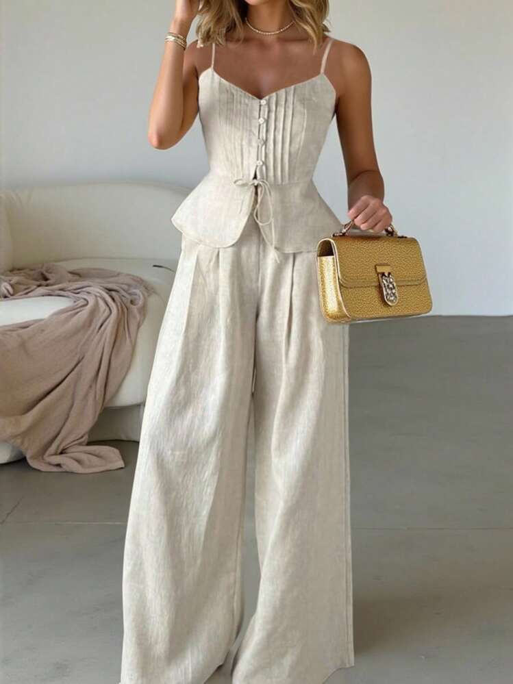 Calvaya 2pcs/Set White Linen Sleeveless Jumpsuit Palazzo Pants | SHEIN
