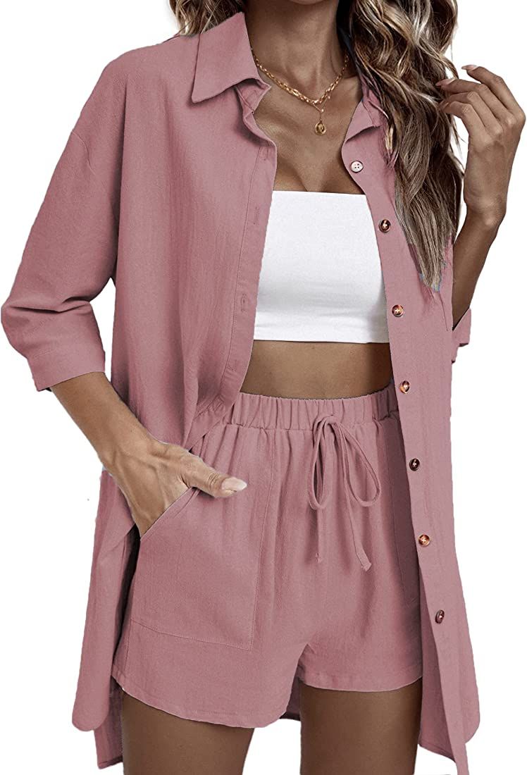 ELESOL Women 2 Piece Outfit Sets Cotton Linen Button Down Shirt and Shorts Lounge Tracksuit Sets | Amazon (US)