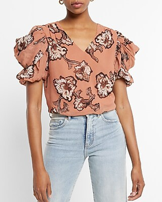 Floral Print V-Neck Puff Draped Sleeve Top | Express