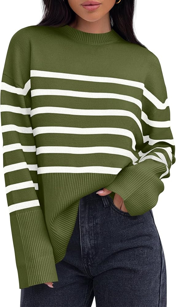 ZESICA Women's Fall Winter Striped Long Sleeve Crew Neck Ribbed Knit Side Slit Oversized Pullover... | Amazon (US)