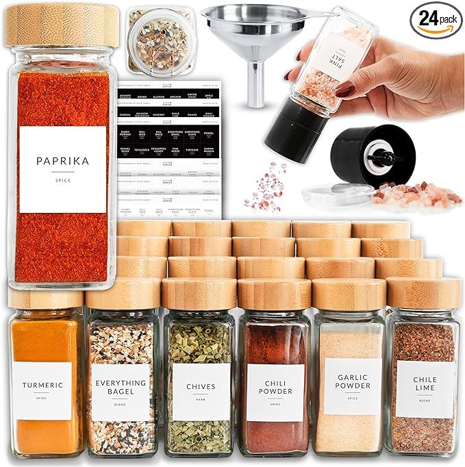 24 Glass Spice Jars with Label, Bamboo Spice Jar Set 4oz Seasoning Containers with Labels, Pepper... | Amazon (US)