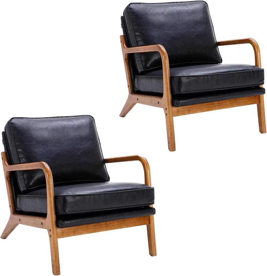 Mid Century PU Leather Accent Chair Set of 2, Comfy Upholstered Lounge Chair with Thicken Cushion... | Amazon (US)