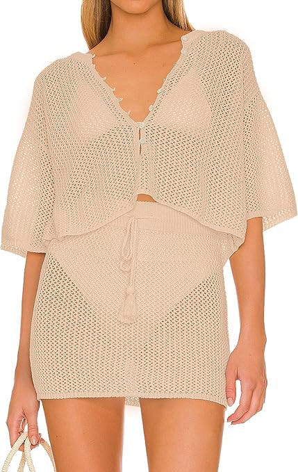 Jumppmile Women's 2 Piece Swimsuit Cover Up Crochet Hollow Out Knitted Bathing Suit Beach Bikini ... | Amazon (US)