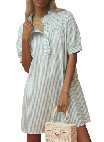 BLENCOT Womens Button Down Shirt Dresses Casual Striped Cotton Stand Collar Ruffle Puff Sleeve Su... | Amazon (US)