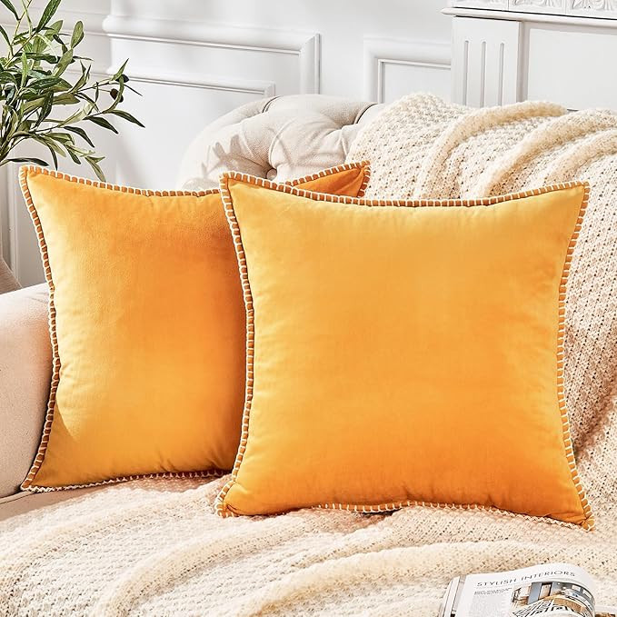 GAWAMAY Decorative Velvet Square Throw Pillow Covers 20x20 Inch Chenille Edge, Set of 2 Soft Farm... | Amazon (US)