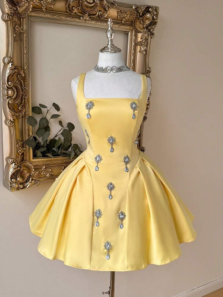 Lovelzi Elegant Luxurious Satin, Handmade Rhinestone Decor, Wide Strap Backless A-Line Formal Gown | SHEIN