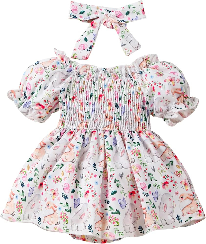 Baby Girl Easter Outfit Bunny Rabbit Ruffle Puff Short Sleeve Romper Dress with Bow Headbands Eas... | Amazon (US)