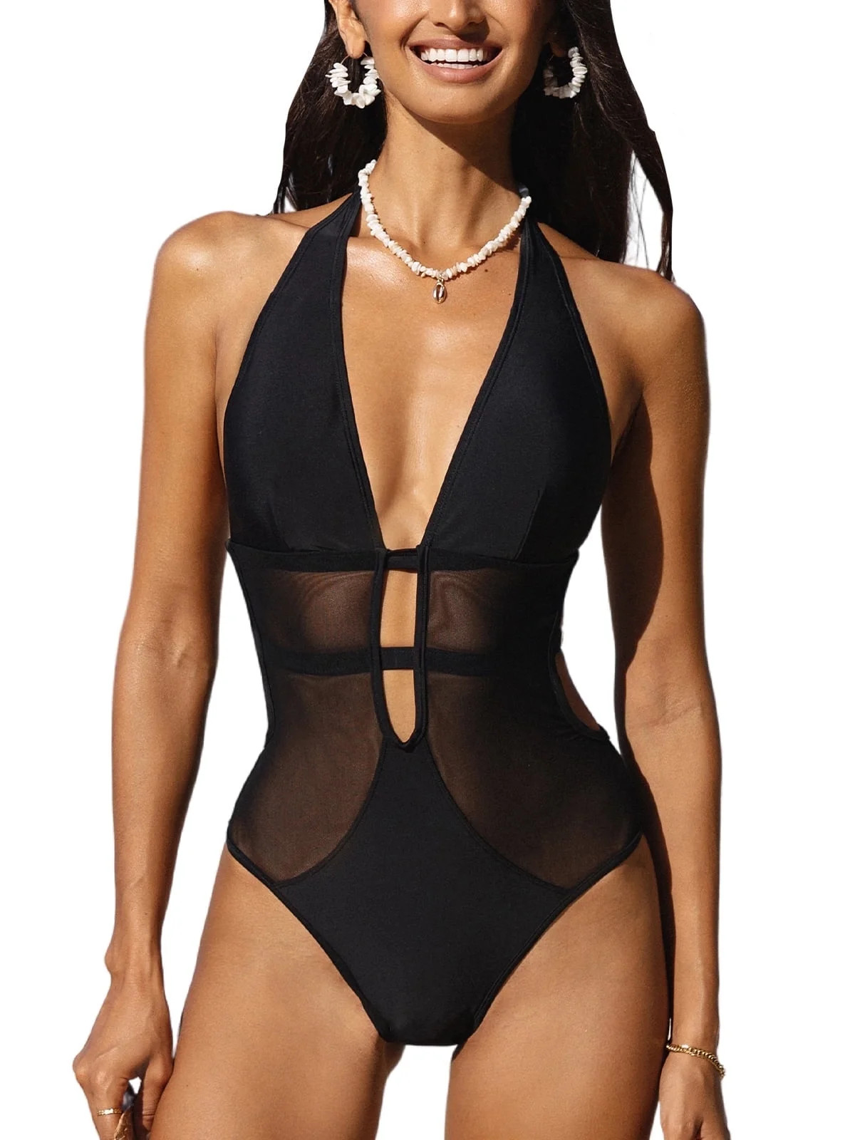 Cupshe Women's One Piece Swimsuit Mesh Plunging Halter Bathing Suit, M - Walmart.com | Walmart (US)