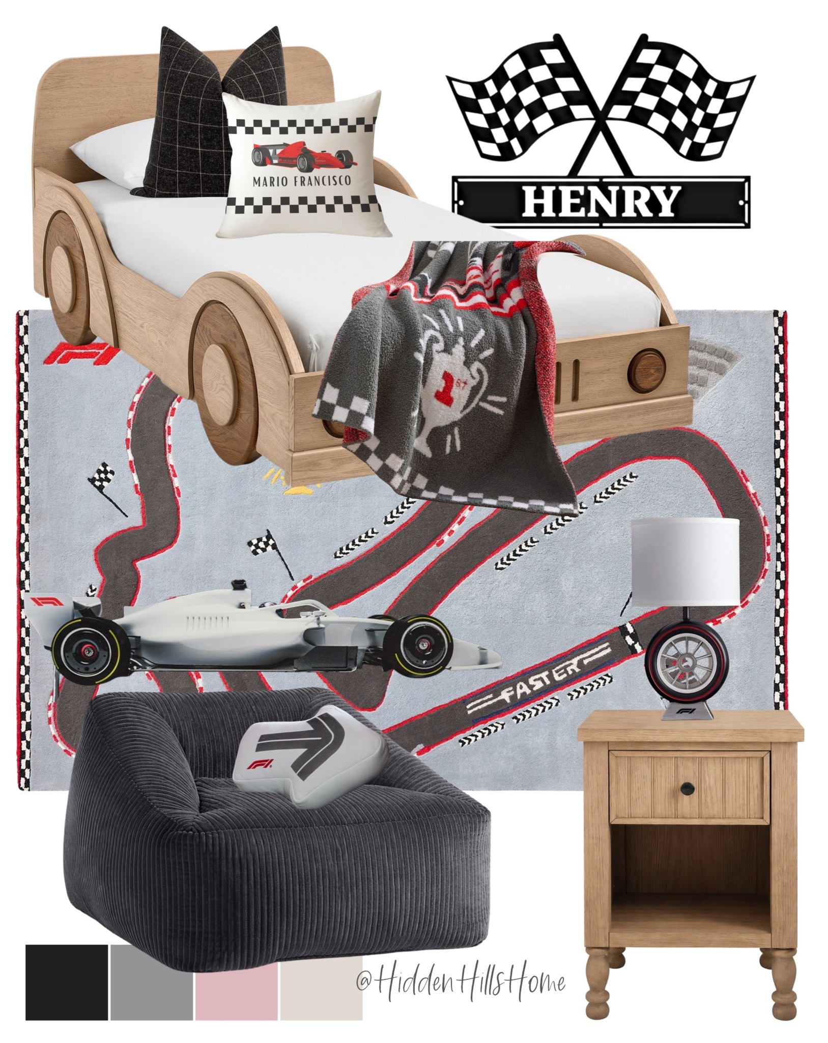 Race car themed boys bedroom, formula one bedroom F1 bedroom, kids bedroom decor mood board, home decor, kids room design 

#LTKSaleAlert #LTKKids #LTKHome