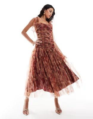 Lace & Beads drop waist bow shoulder midaxi dress in rose print | ASOS (Global)