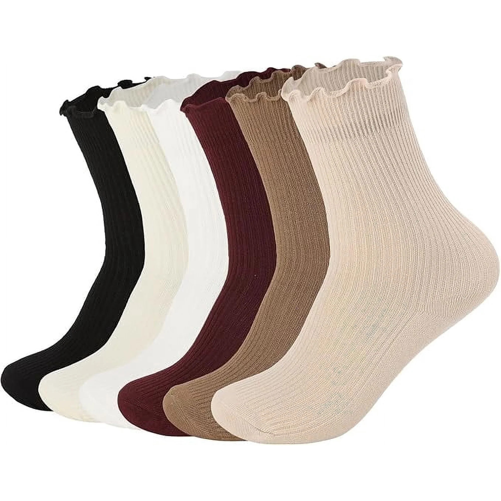 Women s Ruffle Socks Casual Cute Ankle Socks Breathable Knit Cotton Soft Frilly Crew Socks for Women 6 Pack | Walmart (US)