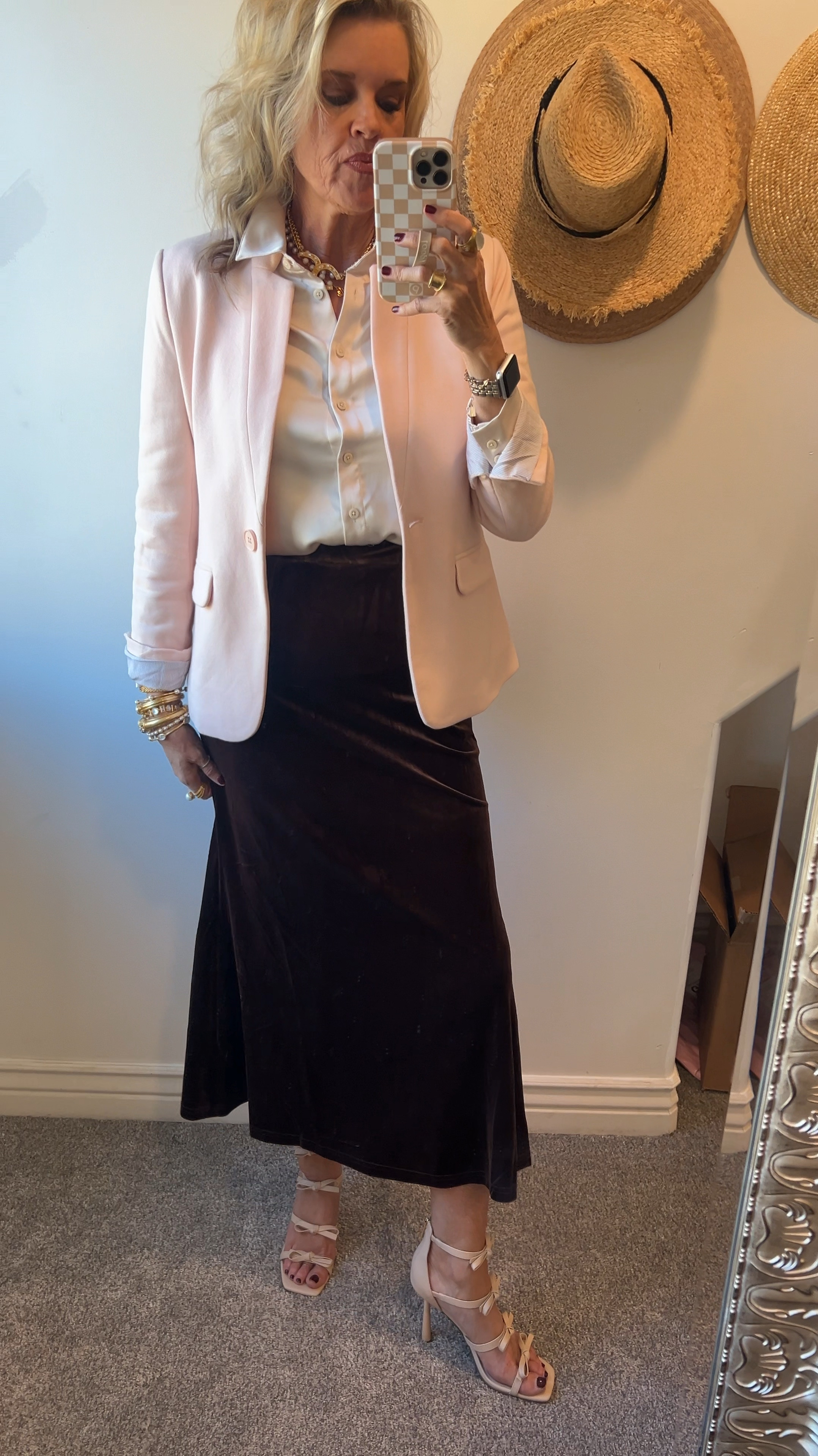 Fall wedding guest outfit/ bridal shower outfit/ brunch/ church  outfit ideas

This is what I wore to the Fashion show 

Ivy City brown velvet skirt, side zip fits tts I am in the small 

Ivory satin button up blouse Chicos. Fits tts I am in the size 0 
Feels amazing, and long enough arms for bring tall

Gibsonlook notch blazer in blush pink 
Fits tts I am in med  on Amazon prime sale 40% off $59 come in several colors

After sale save 10% off with code DARCY10  

Julie vos brackets and rings

French kande necklaces and earrings with 1 bracelet and  1 ring 

Gucci marmot super small  bag can be worn crossbody 
My most used bag 

Cecilia New York bow heals tts 

Spanx shapeware tts


#LTKxPrimeDay #LTKWedding #LTKSaleAlert