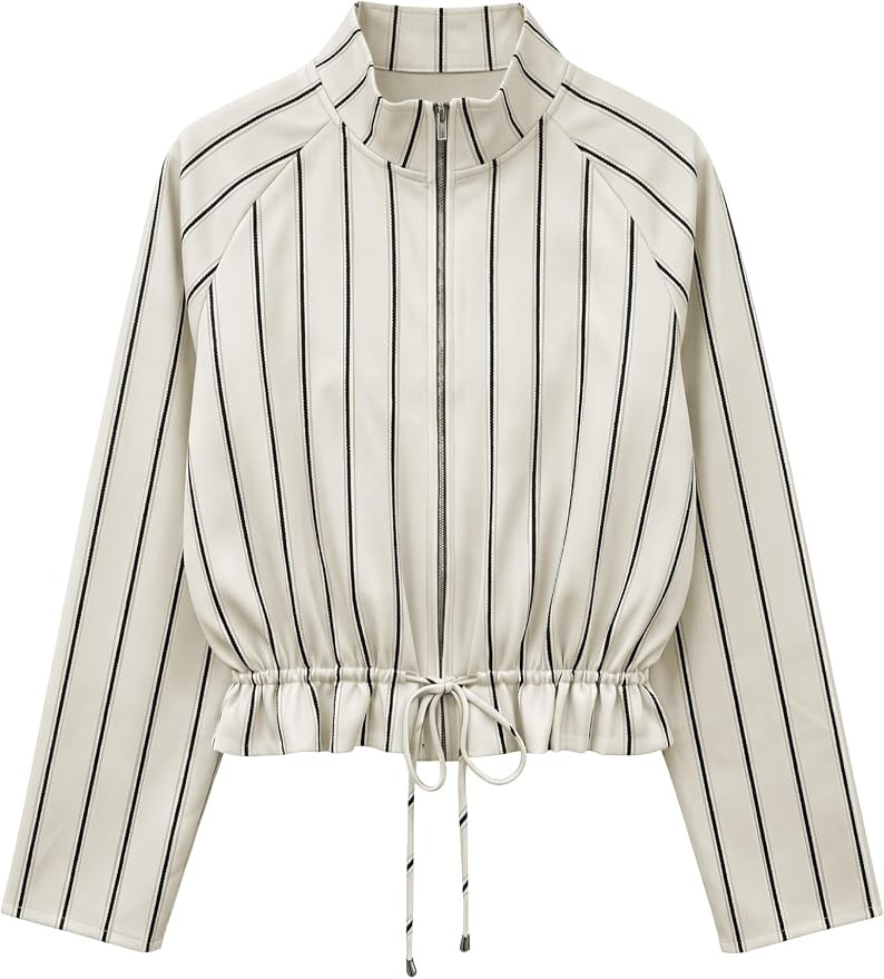 Womens Zip Up Cropped Jackets Striped Casual Lightweight Jackets | Stand Collar Adjustable Drawst... | Amazon (US)
