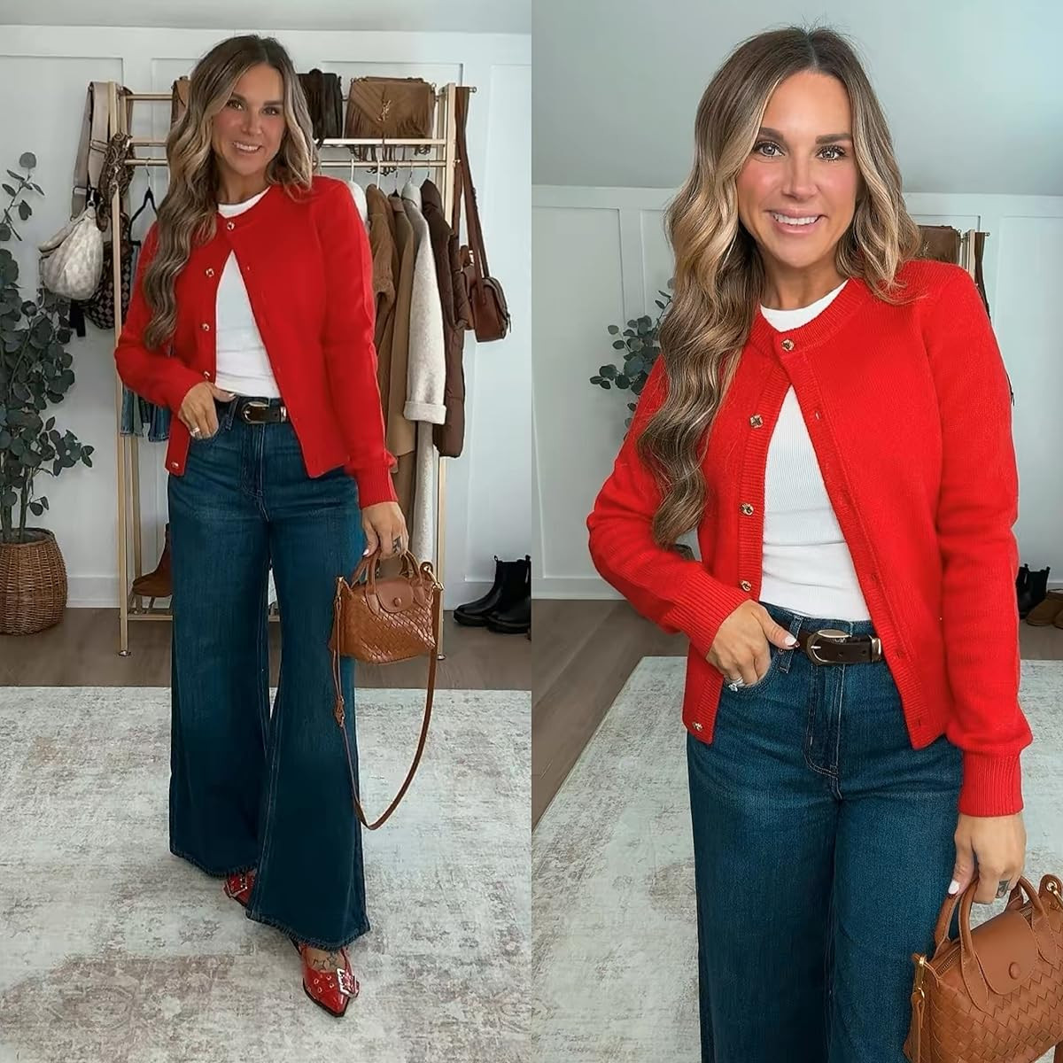 Feeling stylish in this affordable red cashmere sweater paired with my favorite Old Navy jeans. It’s so cozy and perfect for the holiday season! I’m 5’6 139lbs in a size small red cardigan, small long sleeve white top, size 6 jeans. Shoes fit true to size. 

 #LTKCyberWeek #LTKHoliday #LTKFindsUnder50
