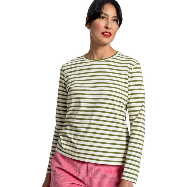 Frances Valentine | Womne's Striped Top, Oyster Thick (Green Thin, Size Large) | Maisonette | Maisonette