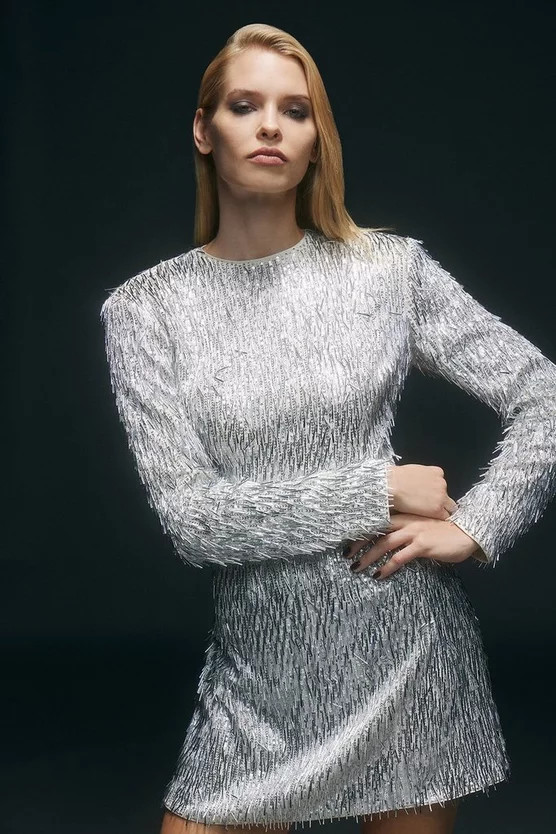 Sequin Strong Shoulder Cut Out Back Woven Mini Dress | Karen Millen UK + IE + DE + NL