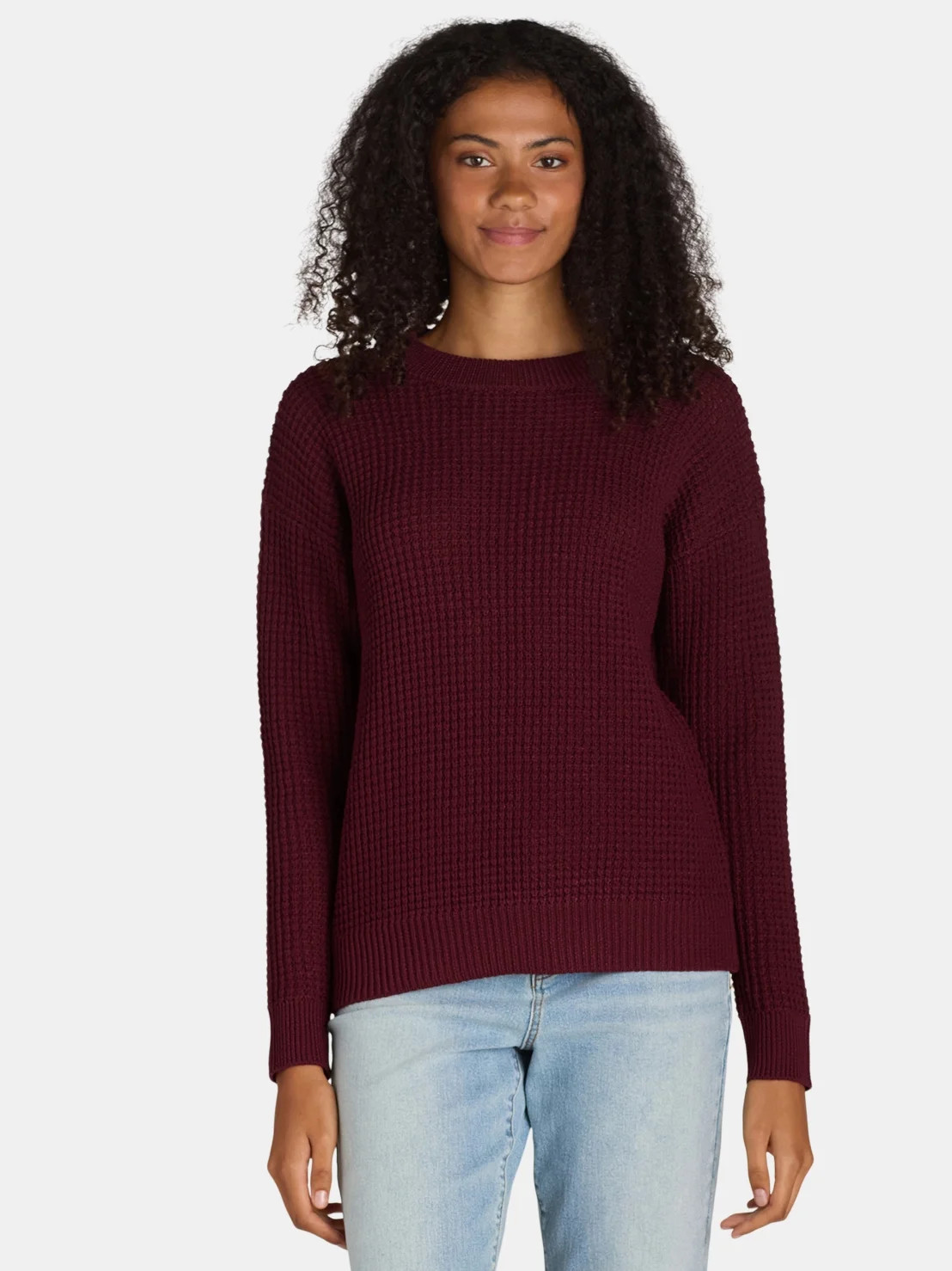 Time and Tru Women's and Women's Plus Waffle Stitch Sweater with Long Sleeves, Midweight, Sizes X... | Walmart (US)