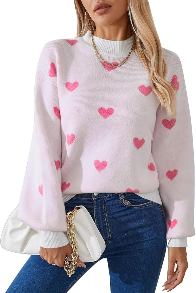 Alsol Lamesa Women's 2026 Fall Winter Mock Neck Long Sleeve Cute Heart Pattern Loose Knit Pullove... | Amazon (US)