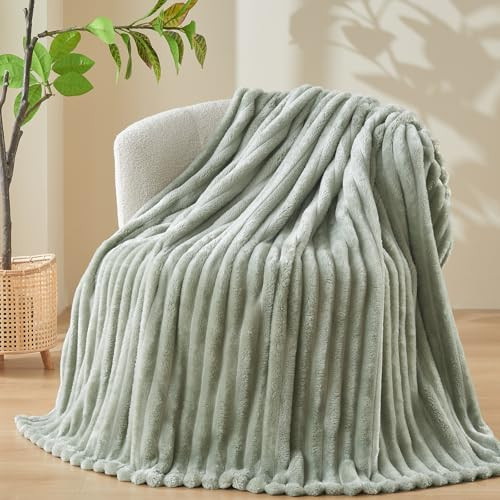 NEWCOSPLAY Super Soft Throw Blanket Sage Green Premium Silky Flannel Fleece 3D Ribbed Jacquard Lightweight Bed Blanket All Season Use (Sage Green Ribbed, Throw(50"x60")) | Amazon (US)