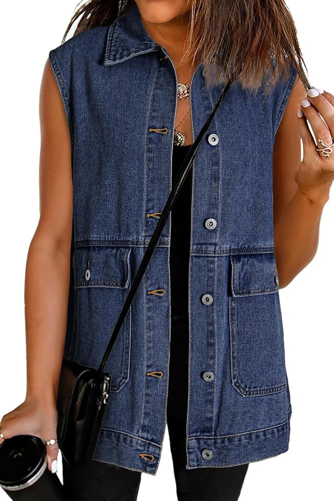 Dokotoo Womens Fashion 2025 Casual Denim Vest Oversized Mid Long Jean Vest Sleeveless Jean Jacket... | Amazon (US)